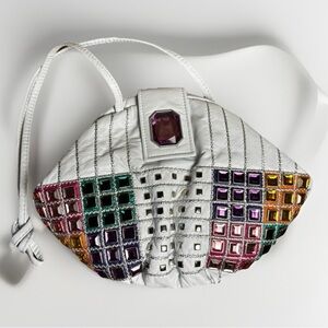 VTG Jeweled White Leather USA Purse 80s 90s Retro Colorful Bling Shoulder Bag